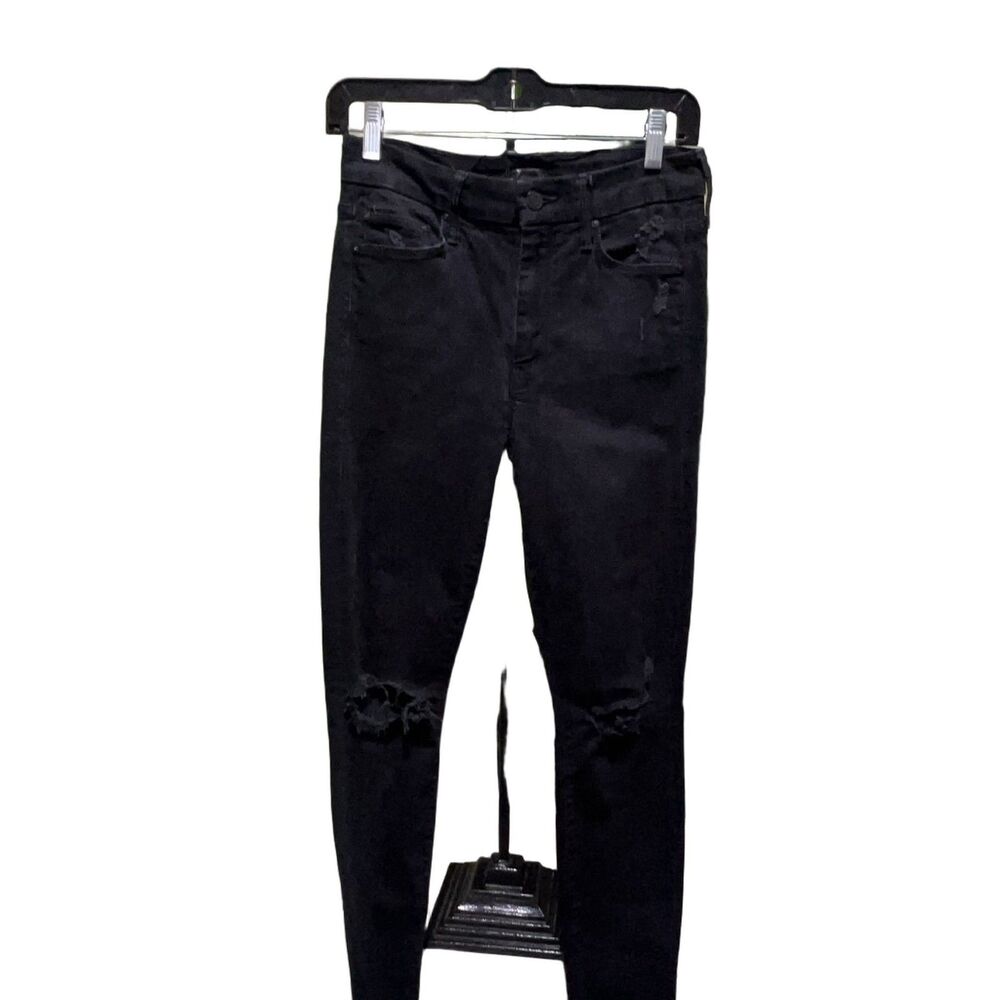 MOTHER The Looker Ankle Fray Jeans Women 27 Black Distressed Slim Stretch Denim